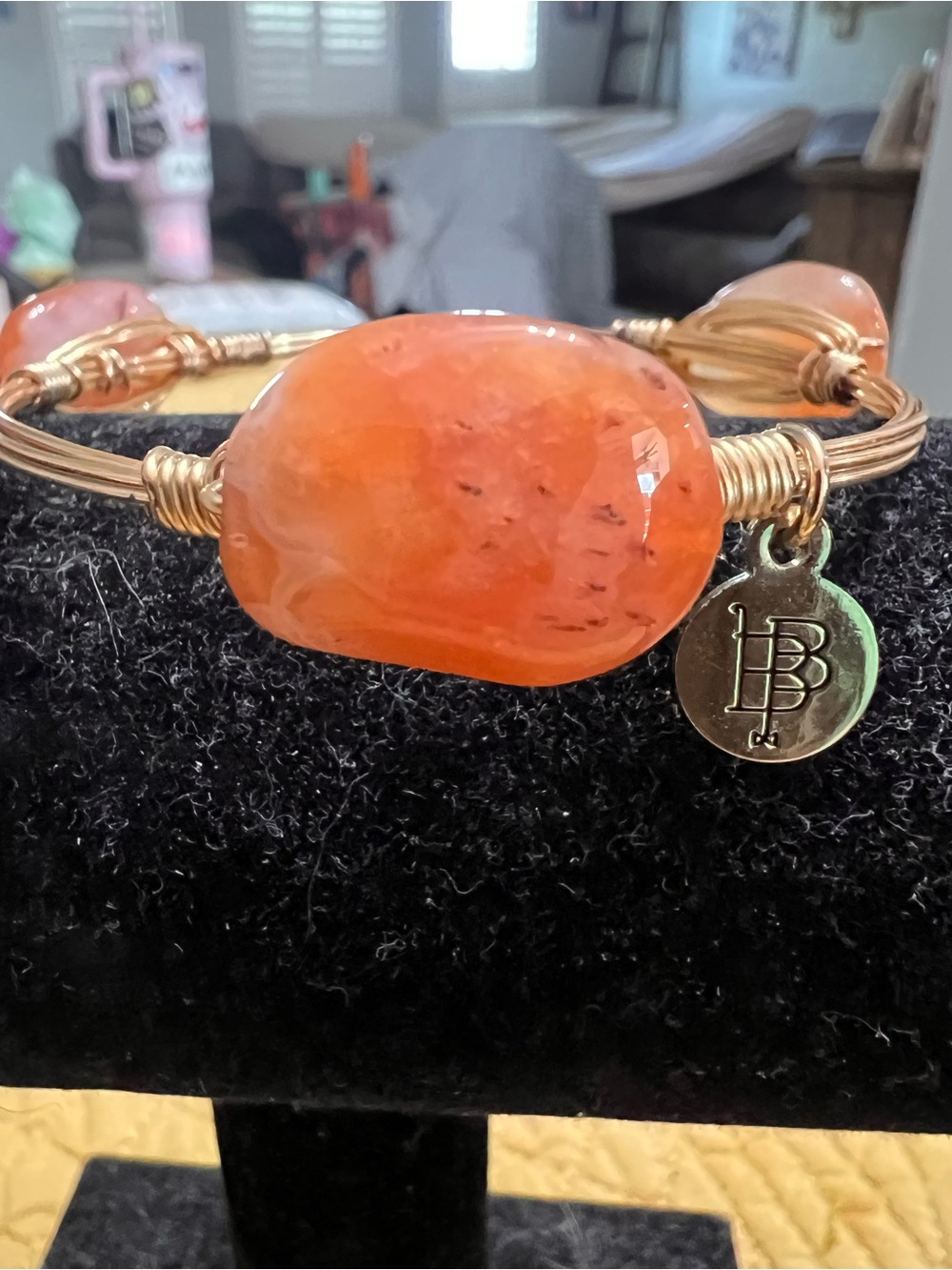 Bourbon and Bowties Orange Faceted Agate Wire Wrapped Bangle Bracelet